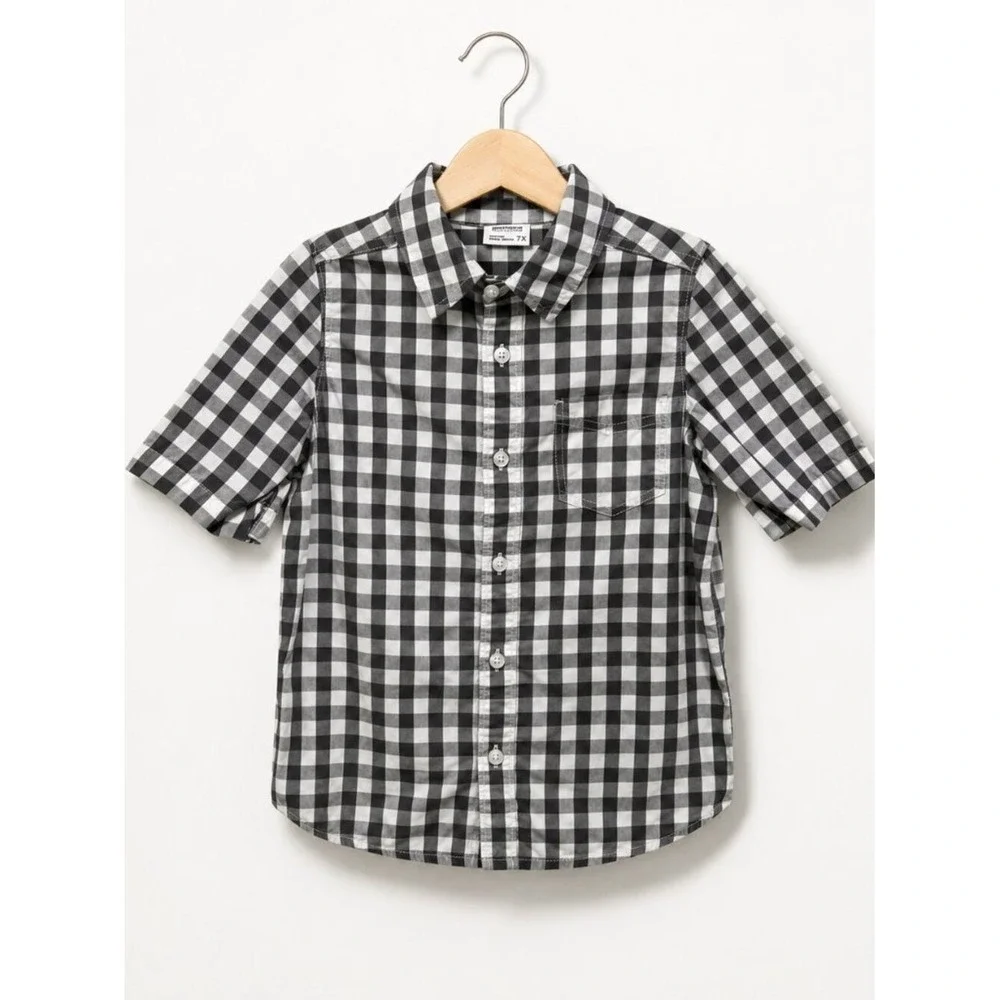 Sonoma Boys Gray White Gingham Button Down Shirt Short Sleeve Size 7X